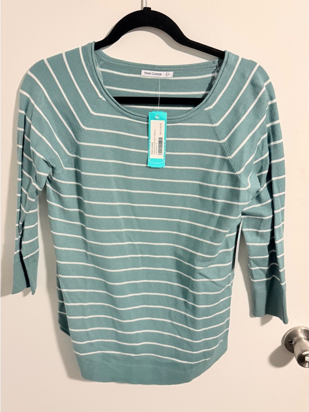 Pink Clover Light Teal Green and White Striped Long Sleeve Knit Top